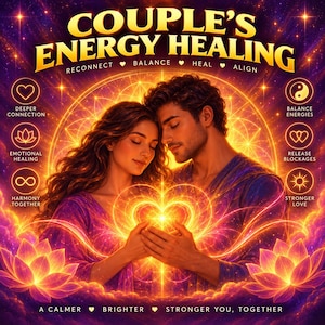 Puede incluir: Un gráfico digital titulado COUPLE'S ENERGY HEALING que muestra a una pareja con los ojos cerrados, rodeada de patrones geométricos dorados brillantes, flores de loto y textos como DEEPER CONNECTION, EMOTIONAL HEALING, HARMONY TOGETHER, BALANCE ENERGIES, RELEASE BLOCKAGES y STRONGER LOVE.