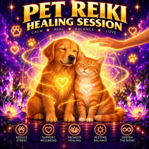 Könnte beinhalten: Ein Golden Retriever und eine orangefarbene getigerte Katze sitzen mit geschlossenen Augen zusammen, umgeben von leuchtender violetter und goldener Energie, Lotusblumen und Kristallen. Der Text lautet PET REIKI HEALING SESSION, CALM, HEAL, BALANCE, LOVE, REDUCE STRESS, SUPPORT WELLBEING, PROMOTE HEALING, RESTORE BALANCE, DEEPEN THE BOND.