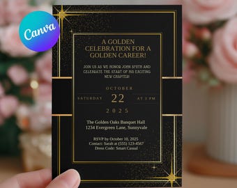 Retirement Party Invitation Template, Elegant Gold Retirement Invite, Black and Gold Retirement Celebration, Editable Canva Retirement Party
