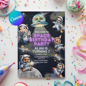 May include: A colorful invitation for a space-themed birthday party. The design features cartoon animals in astronaut suits, planets, stars, and the text "Welcome to Space Birthday Party". The invitation is for Alan's 7th birthday.