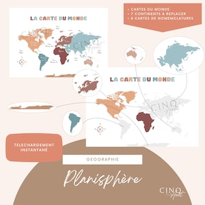 Carte du monde, des continents a scratch et cartes de nomenclature - outil pédagogique, Jeu éducatif, Maternelle, Enseignement en famille