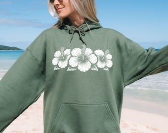 Hibiscus Flower Hoodie, Tropical Floral Beach Sweatshirt