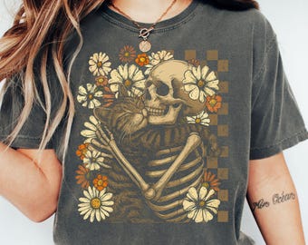 Skeleton Hugging Cat Comfort Colors Shirt – Spooky Floral Halloween Tee