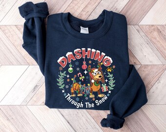 Dashing through The Snow Slink Dog Christmas Sweatshirt, Disney Toy Story Merry Christmas Sweater, Disneyland Family Christmas Trip Tee