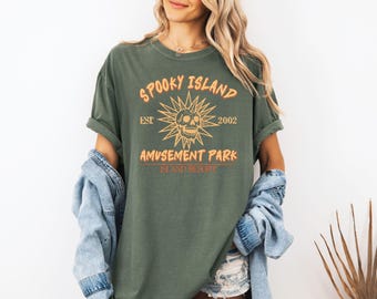 Comfort Colors Spooky Island Tee: Retro Halloween Disco Skull T-Shirt