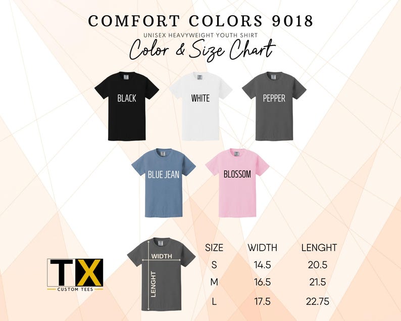 May include: Image of a Comfort Colors 9018 unisex heavyweight youth shirt color and size chart. The chart displays shirts in black, white, pepper, blue jean, and blossom colors. Size, width, and length measurements are provided in inches.