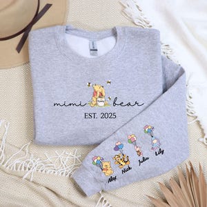 Custom Mimi Bear Hoodie and Sweatshirt, Mother Day Gift, Winnie the Pooh Mothers Days Gift, Mimi Est with Kid Name on Sleeve Classic