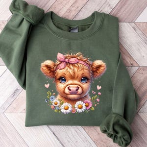 Highland Cow with Bow-Flowers T-Shirt, Cute Cow Sweatshirt, Cow With A Bow Shirt, Floral Cow Hoodie