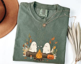 Comfort Colors® Cute Ghosts Camping Shirt, Spooky Season Outdoors Gifts, Halloween Retro Tshirt, Ghost Shirt, Camping Shirt