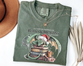 Comfort Colors Dragon & Books T-Shirt, Fantasy Reader Tee