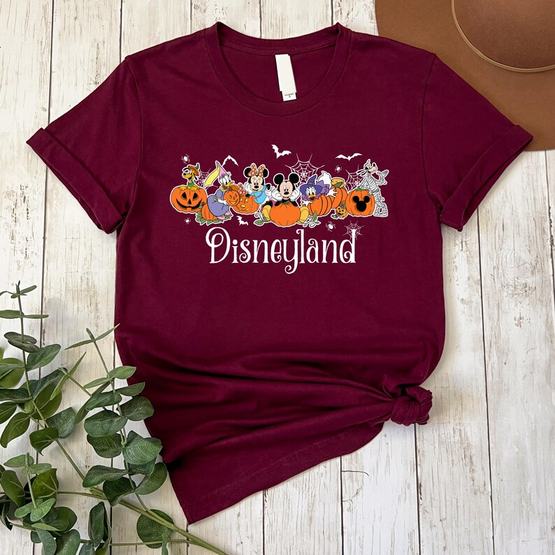 May include: A maroon t-shirt with a graphic of Mickey Mouse and friends dressed in Halloween costumes. The graphic includes pumpkins, bats, and a spider web. The text "Disneyland" is printed below the graphic.