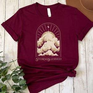 May include: A maroon t-shirt with a graphic of a sun, clouds, and a bird flying above the clouds. The text "STORMBLESSED" is printed below the graphic.