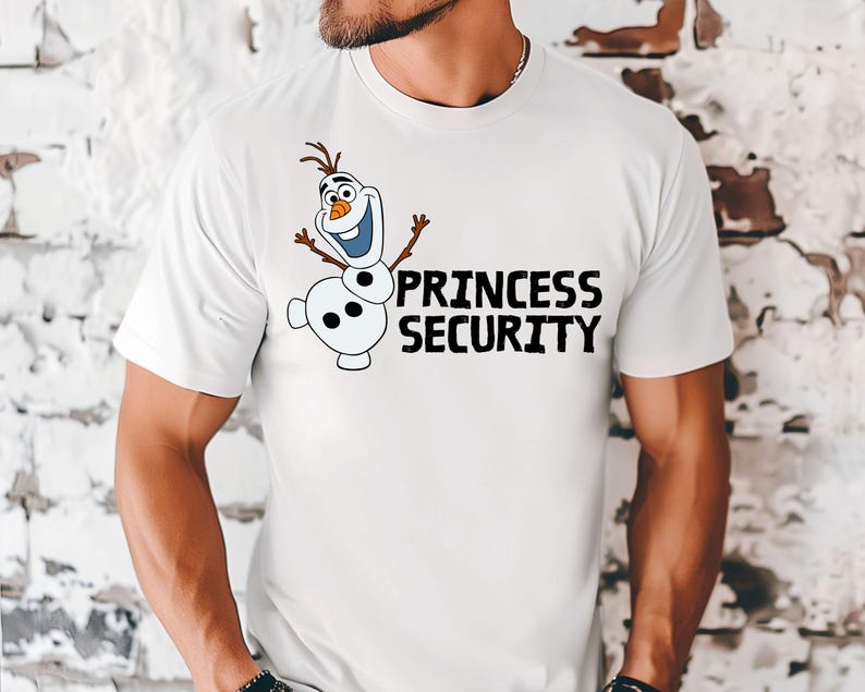 May include: White t-shirt featuring a cartoon image of Olaf the snowman with the text "PRINCESS SECURITY" in black. Olaf has a smiling face, twig arms, and a carrot nose. The shirt is a crew neck.