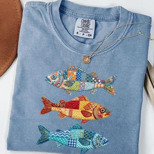 Summer Fish Sardine Beach Tee, Patchwork Vintage Aesthetic Women's Comfort Colors Shirt, Print Only — Not a Patch