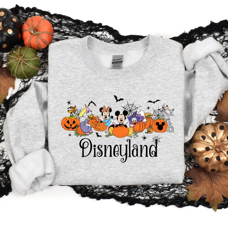 May include: A gray sweatshirt with a Halloween-themed design featuring Mickey Mouse and other Disney characters holding pumpkins. The text "Disneyland" is printed below the characters.