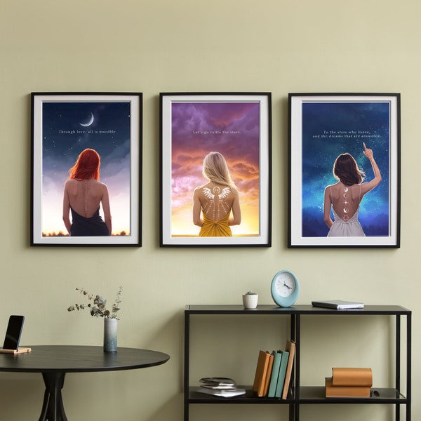 Sarah J Maas set van 3 prenten, Bryce Aelin Feyre Tattoo, Bibliotheek Wall Art, Digitale Download, Romantasy Book Leading Ladies, Throne of Glass