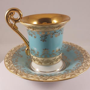 1930s German Demitasse Cup Saucer Set, Bremer Schmidt BSE Gold Encrusted Porcelain, Thuringia Antique Teacup