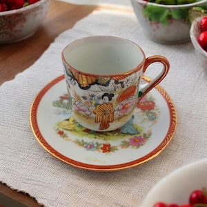Vintage Japanese Kutani Tea Cup and Saucer Set | Hand Painted Geisha Garden Scene | Gold Trim Porcelain Teacup 1950s