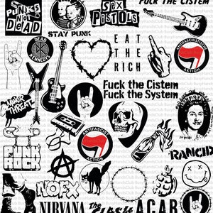 May include: A collage of black and white punk rock band logos and symbols, including Sex Pistols, The Clash, Dead Kennedys, Minor Threat, and many more. The background is white.