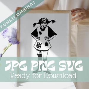 Könnte beinhalten: Gerahmte Schwarz-Weiß-Illustration eines Mädchens mit Zöpfen, das ein Kleid mit Flicken trägt. Das Bild wird von einer Person gehalten. Der Text "KUNSTKOMBINAT" befindet sich auf einem diagonalen Banner. Darunter steht "JPG PNG SVG Ready for Download."