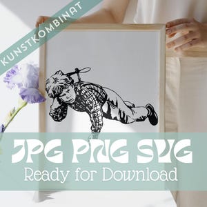 May include: A framed black and white illustration of a child in a plaid shirt, lying down with a toy airplane. The image includes the text "KUNSTKOMBINAT" and "JPG PNG SVG Ready for Download".