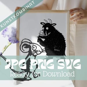 May include: A framed black and white illustration featuring two cartoon characters. One is a large, furry creature with horns, and the other is a mouse. The image has the text "KUNSTKOMBINAT" and "JPG PNG SVG Ready for Download".