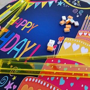 Puede incluir: Un juego de mesa con tem&aacute;tica de cumplea&ntilde;os con las palabras "HAPPY BIRTHDAY!" en letras grandes y multicolores. El juego incluye piezas y un dise&ntilde;o de pastel decorativo. El fondo es azul oscuro con elementos decorativos adicionales.