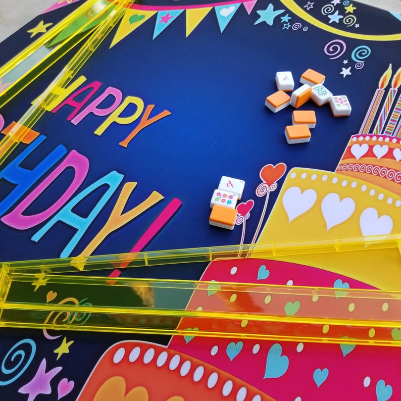 Puede incluir: Un juego de mesa con tem&aacute;tica de cumplea&ntilde;os con las palabras "HAPPY BIRTHDAY!" en letras grandes y multicolores. El juego incluye piezas y un dise&ntilde;o de pastel decorativo. El fondo es azul oscuro con elementos decorativos adicionales.