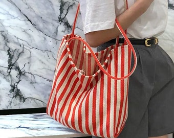 Red Striped Summer Canvas Jute Tote Bag, Shoulder Bag Student Tote Bag Women, Vintage Women's Shoulder bag, Crossbody Bag, Hobo Shopping Bag