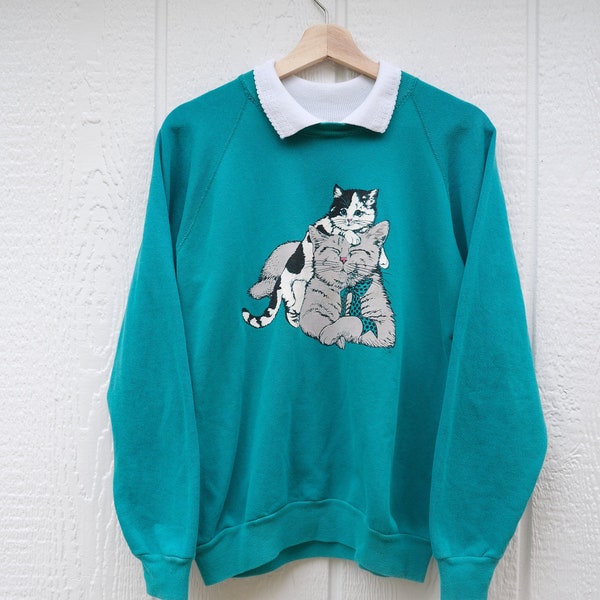 Vintage Teal collared cat sweatshirt, vintage 90's graphic sweatshirt, 1990's cat sweatshirt, blue graphic sweatshirt, Vintage sweater