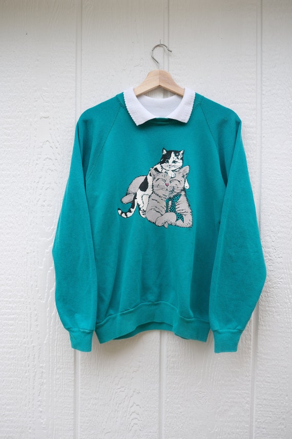 Vintage Teal collared cat sweatshirt, vintage 90's