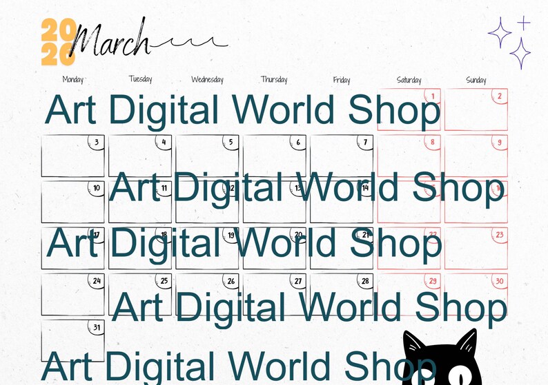 May include: A March calendar with a minimalist design. The calendar grid is outlined in black, with the days of the week labeled. The text "Art Digital World Shop" is repeated throughout the calendar. A black cat illustration is in the bottom right corner.