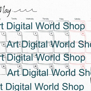 May include: A calendar for May with the text "Art Digital World Shop" repeated throughout the grid. The year 2020 is in yellow, and the month "May" is in black script. A black cat illustration is in the bottom right corner.