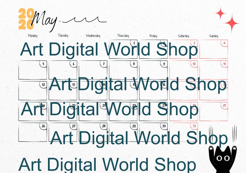 May include: A calendar for May with the text "Art Digital World Shop" repeated throughout the grid. The year 2020 is in yellow, and the month "May" is in black script. A black cat illustration is in the bottom right corner.