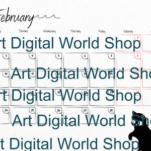 May include: A February calendar with a white background, featuring a grid layout with dates and days of the week. The text "Art Digital World Shop" is repeated throughout the calendar. A black cat illustration is in the bottom right corner, and red hearts are in the top right.
