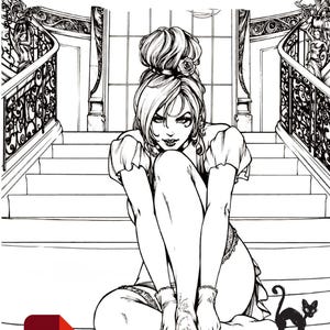 May include: Black and white line art illustration of a woman from a coloring book. The text "GRIMM FAIRY TALES ADULT COLORING BOOK" is at the top. A PDF icon and a QR code are in the lower corners. A black cat is on the right.