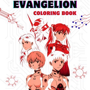 May include: A "Neon Genesis Evangelion" coloring book cover featuring anime characters in red and white. The title is in black with a teal outline. The cover includes a PDF icon and a QR code.