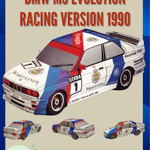 Könnte beinhalten: Ein Papiermodell eines BMW M3 Evolution Racing Version 1990 Rennwagens. Das Auto ist weiß, blau und rot mit Sponsorenlogos. Das Bild enthält den Text "BMW M3 EVOLUTION RACING VERSION 1990" und "Fun Holiday Craft for Kids & Family."