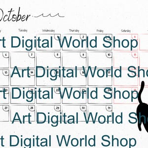 May include: A calendar for October 2020 with a black cat illustration. The calendar grid has the text "Art Digital World Shop" repeated throughout. The word "October" is written in cursive, with the year 2020 in yellow.