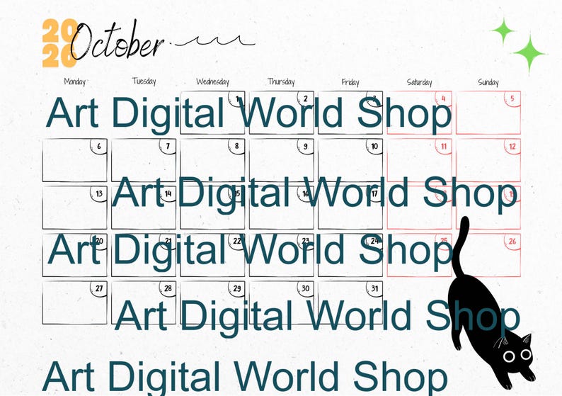 May include: A calendar for October 2020 with a black cat illustration. The calendar grid has the text "Art Digital World Shop" repeated throughout. The word "October" is written in cursive, with the year 2020 in yellow.