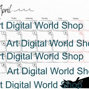 May include: A digital calendar for April 2020 with a minimalist design. The calendar grid is outlined in black, with the days of the week across the top. The text "Art Digital World Shop" is repeated across the calendar. A black cat illustration is at the bottom.