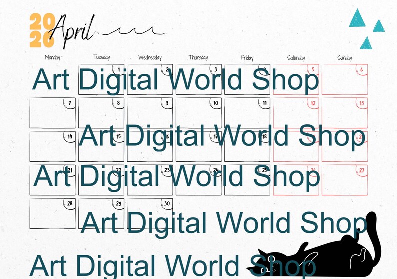 May include: A digital calendar for April 2020 with a minimalist design. The calendar grid is outlined in black, with the days of the week across the top. The text "Art Digital World Shop" is repeated across the calendar. A black cat illustration is at the bottom.