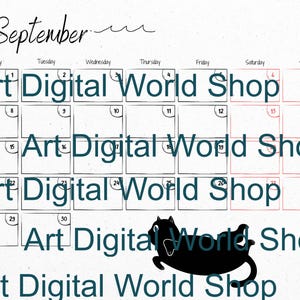 May include: A calendar for September 2020 with a black cat illustration. The calendar grid is outlined in black, with the days of the week across the top. The text "Art Digital World Shop" is repeated throughout the calendar.