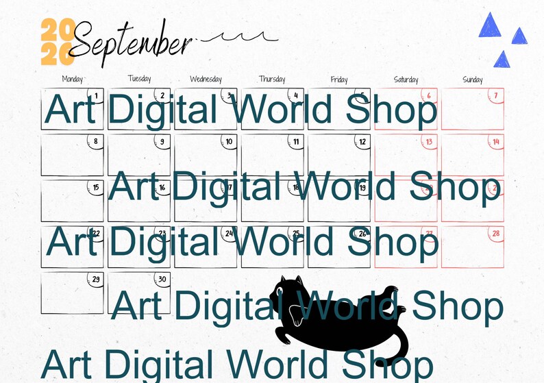 May include: A calendar for September 2020 with a black cat illustration. The calendar grid is outlined in black, with the days of the week across the top. The text "Art Digital World Shop" is repeated throughout the calendar.