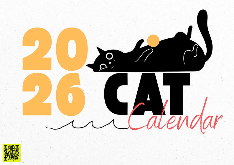 May include: A whimsical 2026 cat calendar design. The image features a playful black cat with a yellow ball, the word "CAT" in bold black letters, and "Calendar" in pink script. The numbers "2026" are in yellow.