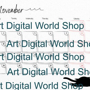 May include: A calendar page for November 2020 with a black cat illustration. The calendar grid is outlined in black, with the text "Art Digital World Shop" repeated throughout. The month and year are in yellow.