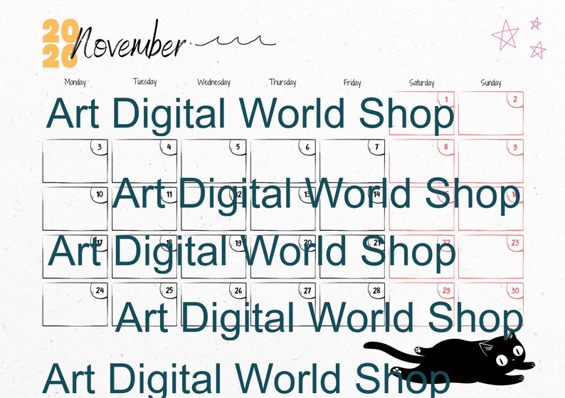 May include: A calendar page for November 2020 with a black cat illustration. The calendar grid is outlined in black, with the text "Art Digital World Shop" repeated throughout. The month and year are in yellow.