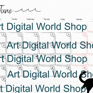 May include: A digital calendar for June 2020 with a minimalist design. The calendar features the text "Art Digital World Shop" repeated throughout the days. A black cat silhouette is in the bottom right corner.