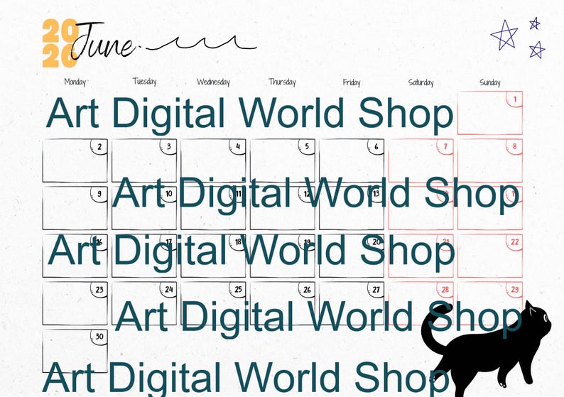 May include: A digital calendar for June 2020 with a minimalist design. The calendar features the text "Art Digital World Shop" repeated throughout the days. A black cat silhouette is in the bottom right corner.