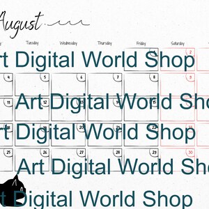 May include: A white calendar for August 2020 with a black cat silhouette in the lower left corner. The calendar grid is outlined in black, with the days of the week and dates displayed. The text "Art Digital World Shop" is repeated throughout the calendar.